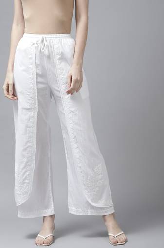 Hand embroidered white cotton lucknowi chikankari palazzo