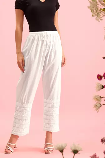 Hand embroidered white cotton lucknowi chikankari palazzo