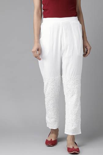 Hand embroidered white cotton lucknow chikan palazzo