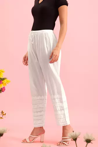 Hand embroidered white cotton lucknowi chikankari palazzo