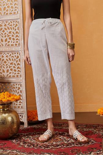 Hand embroidered white cotton lucknowi chikankari palazzo