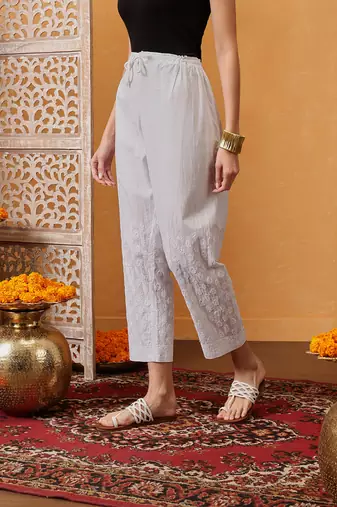 Hand embroidered white cotton lucknowi chikankari palazzo