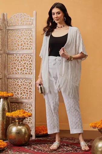 Hand embroidered white cotton lucknowi chikankari palazzo