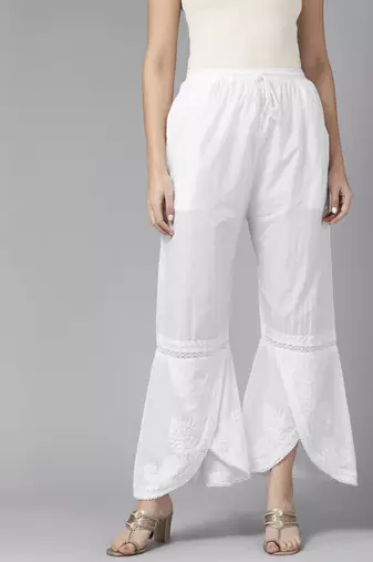 Hand embroidered white cotton lucknowi chikankari palazzo