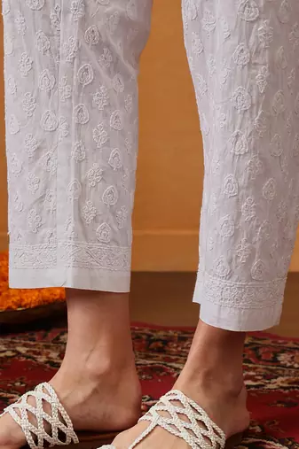 Hand embroidered white cotton lucknowi chikankari palazzo