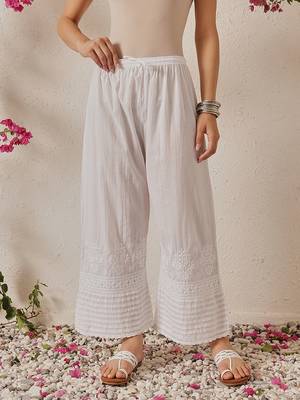 Hand embroidered white cotton lucknowi chikankari palazzo 1