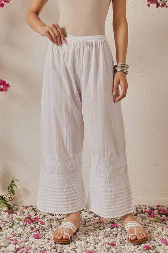 Hand embroidered white cotton lucknowi chikankari palazzo