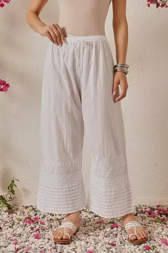 Hand embroidered white cotton lucknowi chikankari palazzo