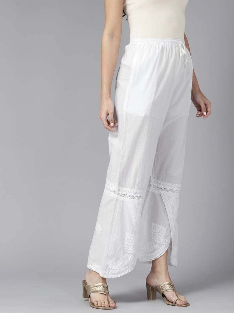 Hand embroidered white cotton lucknowi chikankari palazzo