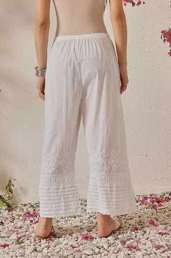 Hand embroidered white cotton lucknowi chikankari palazzo