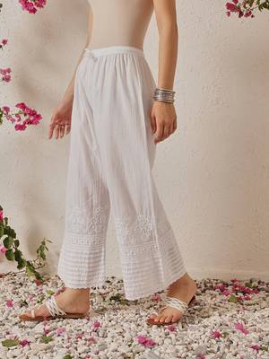 Hand embroidered white cotton lucknowi chikankari palazzo 3