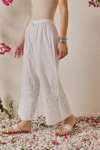 Hand embroidered white cotton lucknowi chikankari palazzo