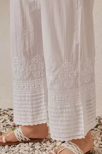 Hand embroidered white cotton lucknowi chikankari palazzo