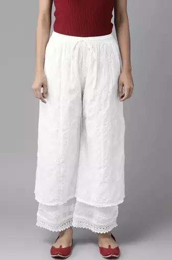 Hand embroidered white cotton lucknowi chikankari palazzo