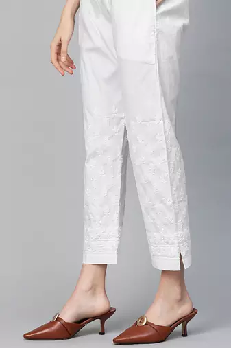 Hand embroidered white cotton lucknowi chikankari palazzo