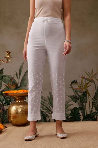 Hand embroidered white cotton lucknowi chikankari palazzo