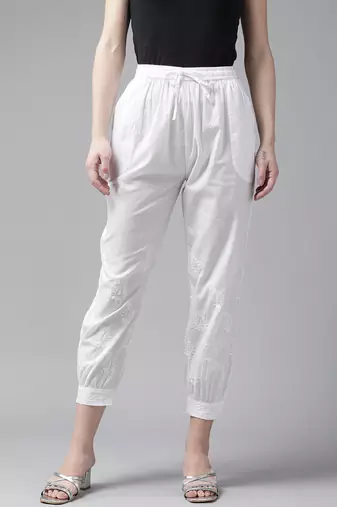Hand embroidered white cotton lucknowi chikankari pant