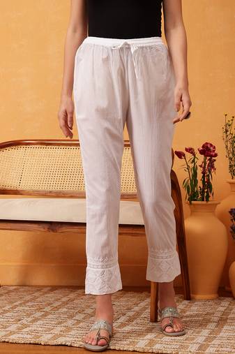 Hand embroidered white cotton lucknowi chikankari trouser