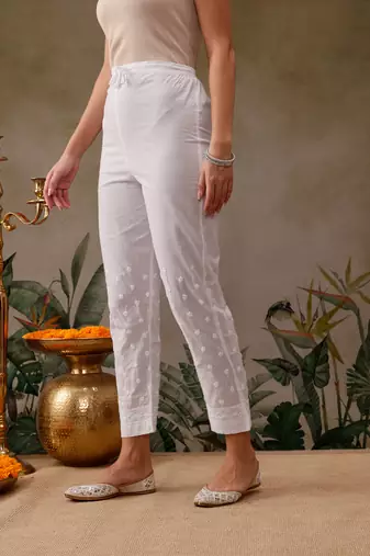 Hand embroidered white cotton lucknowi chikankari palazzo