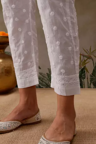 Hand embroidered white cotton lucknowi chikankari palazzo