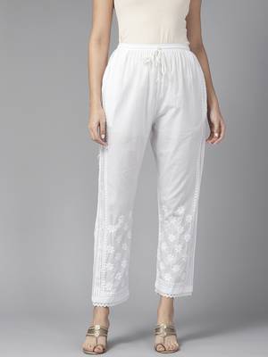 Hand embroidered white cotton lucknowi chikankari pant 1