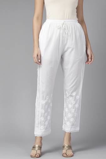 Hand embroidered white cotton lucknowi chikankari pant