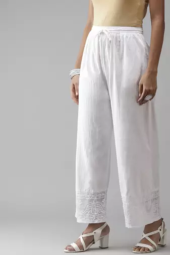 Hand embroidered white cotton lucknowi chikankari palazzo