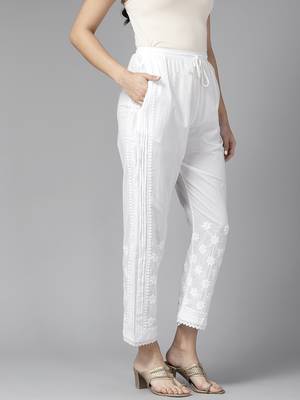Hand embroidered white cotton lucknowi chikankari pant 2