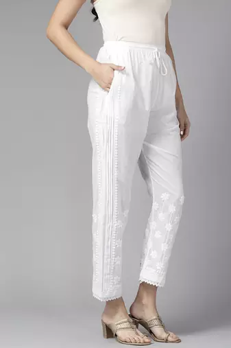 Hand embroidered white cotton lucknowi chikankari pant