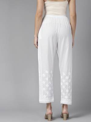 Hand embroidered white cotton lucknowi chikankari pant 3