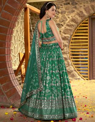 rama green mehendi golden zari lehenga set choli with dupatta 5