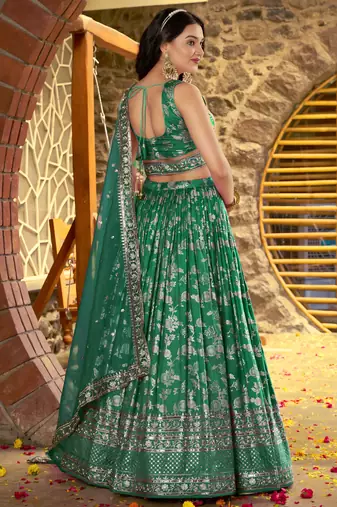 rama green mehendi golden zari lehenga set choli with dupatta
