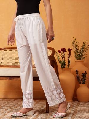 Hand embroidered white cotton lucknowi chikankari palazzo 3