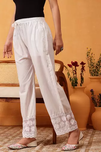 Hand embroidered white cotton lucknowi chikankari palazzo