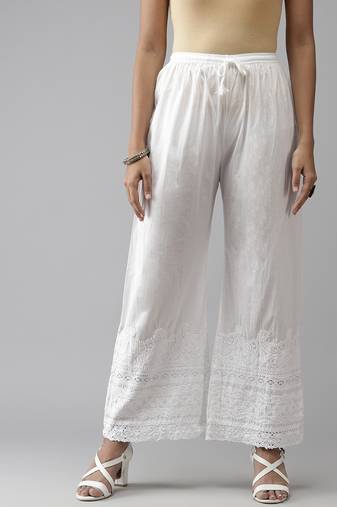 Hand embroidered white cotton lucknow chikan palazzo