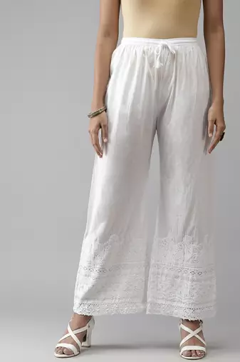 Hand embroidered white cotton lucknow chikan palazzo