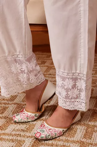 Hand embroidered white cotton lucknowi chikankari palazzo