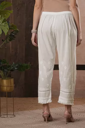 Hand embroidered white cotton lucknowi chikankari palazzo