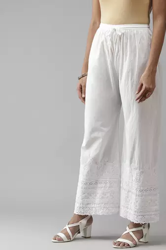 Hand embroidered white cotton lucknow chikan palazzo