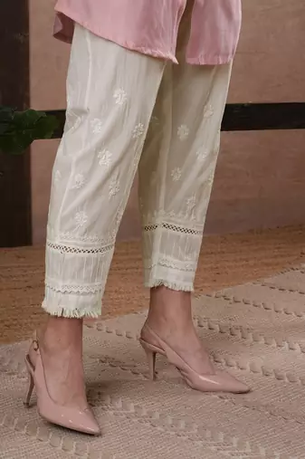 Hand embroidered white cotton lucknowi chikankari palazzo