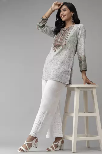 Hand embroidered white cotton lucknow chikan palazzo
