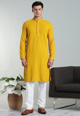 yellow rayon embroidered kurta pyjama
 1