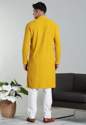 yellow rayon embroidered kurta pyjama
 2