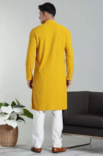 yellow rayon embroidered kurta pyjama
