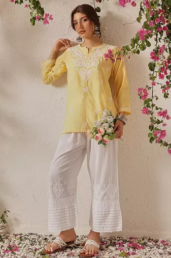 Hand embroidered white cotton lucknowi chikankari palazzo