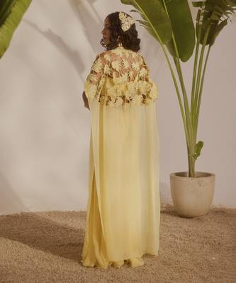 Yellow plain organza pant paired with embroidered blouse and cape 2