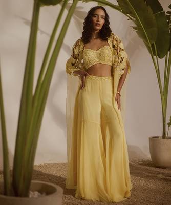 Yellow plain organza pant paired with embroidered blouse and cape 3