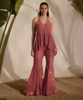 Pink embroidered organza top and pant 1
