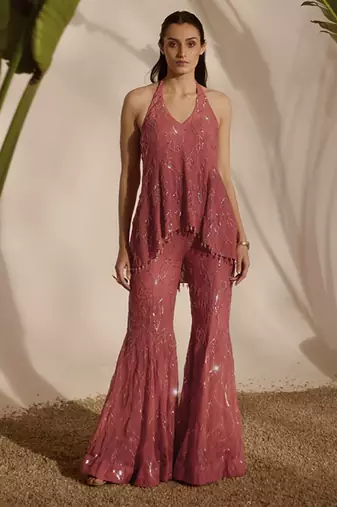 Pink embroidered organza top and pant