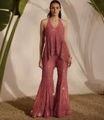 Pink embroidered organza top and pant